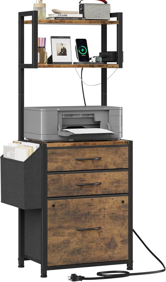 HIGDBFE 3 Drawer File Cabinet with Charging Station, 45''H, 3-Tier Filing Cabinet for Home Office, 11''*16'' for Small Printer, Fabric Drawer Fits Letter/A4, Tall Printer Stand, Rustic Brown