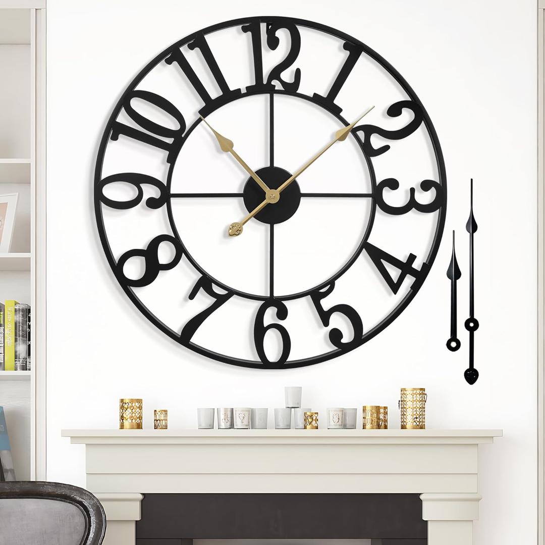 Large Wall Clock for Living Room Decor - 18 Inch Silent Non-Ticking Wall Clocks Battery Operated, Metal Vintage Retro Decorative Modern Wall Clock for Bedroom, Kitchen, Office, Farmhouse Decor (Black - Arabic Numerals)
