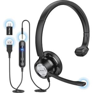 New bee USB Headset with Microphone for PC Computer Headset, Single Ear Noise Cancelling Mic, Call Center Wired Headphone with 3.5 mm/USB/Type C for Skype Zoom Tablet Laptop