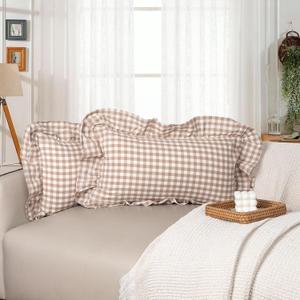 JoraLion 12"x20" Throw Pillow Covers, Khaki Scalloped Cotton Plaid Gingham Ruffle Decor Pillowcase Farmhouse Soft Cushion Case for Couch Sofa Bed Living Room, Set of 2, Covers ONLY