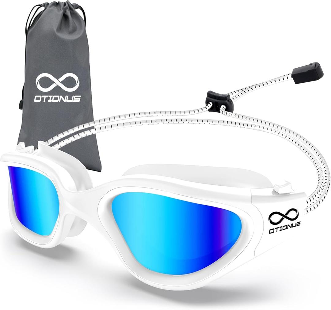 Swim Goggles, Polarized Adult Swimming Goggles Bungee Strap No Hair Pulling Anti-fog Pool Goggles for Men Women (06-white/Polarized Mirror Blue)
