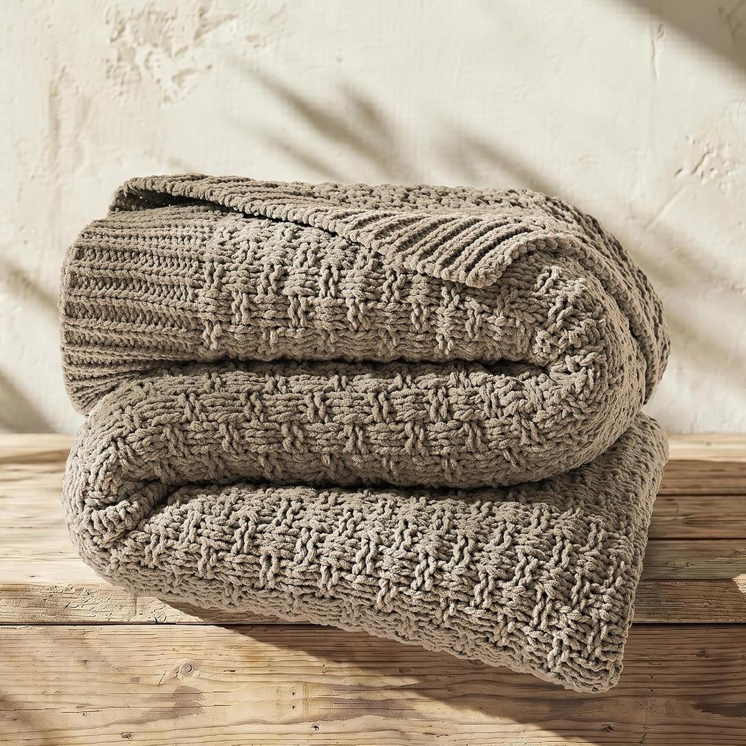 EVERGRACEHOME Chunky Chenille Knit Throw Blanket, Hearth Taupe, 50" x 60"