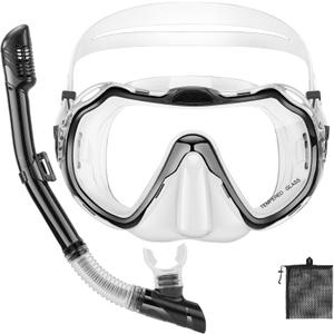 Snorkeling Gear for Adults, Adult Snorkel Set with Panoramic Anti-Leak and Anti-Fog Tempered Glass Snorkel Mask, Dry Top Snorkel, Snorkle Mask Set Adult with Mesh Bag Ear Plug for Snorkeling