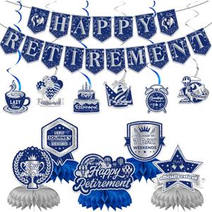 4 x 12Pcs Retirement Party Decorations for Men Women Blue Silver Happy Retirement Banner Honeycomb Centerpiece Swirls Party Supplies Retired Farewell Party Set Work Graduation Party Decorations
