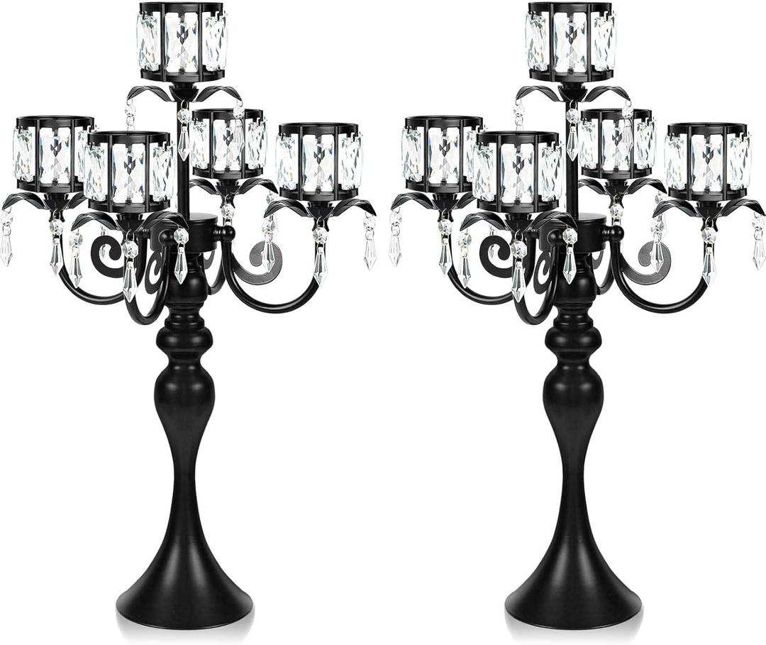 2pcs Black 5 Arm Pendant Square Crystal Table Decor 22 Inch Candle Holder,Classic Elegant Table Centerpiece Atmosphere Candle Holder for Gift Wedding Party Home Decor