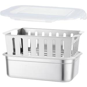 Stainless Steel Food Storage Container with Removable Colander & Lid, Food Meat Vegetable Fruit Bacon Drain Marinating Containers Box Set for Refrigerator, Kitchen, BBQ, Cooking