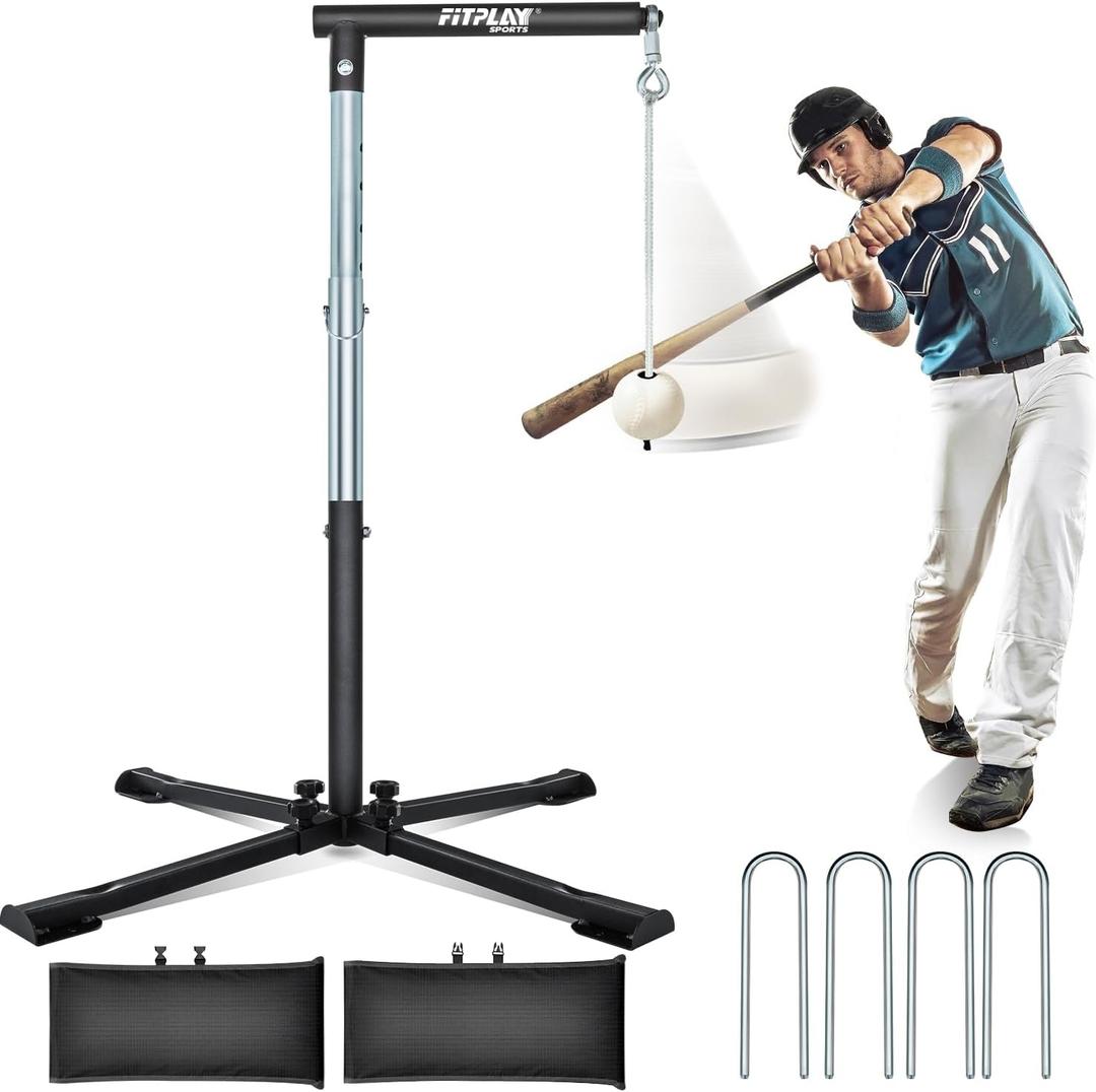 Batting Tee with Tethered Ball  Adjustable 20" to 45" Baseball & Softball Hitting Trainner  Metal X-Base with 4 Ground Stakes & 2 Sandbags for Maximum Stability  Swing Trainner for All Ages