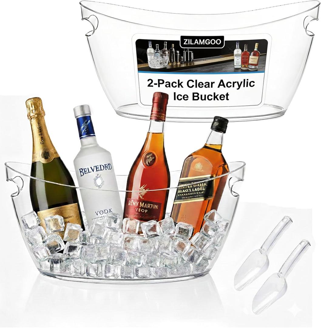 2-Pack Clear Acrylic Ice Buckets for Parties (5.5L Each) Large Plastic Beverage Tubs with Scoops Wine Bucket Chiller for Parties, Drink Buckets for Outdoor Events, Mimosa Bar, BBQ