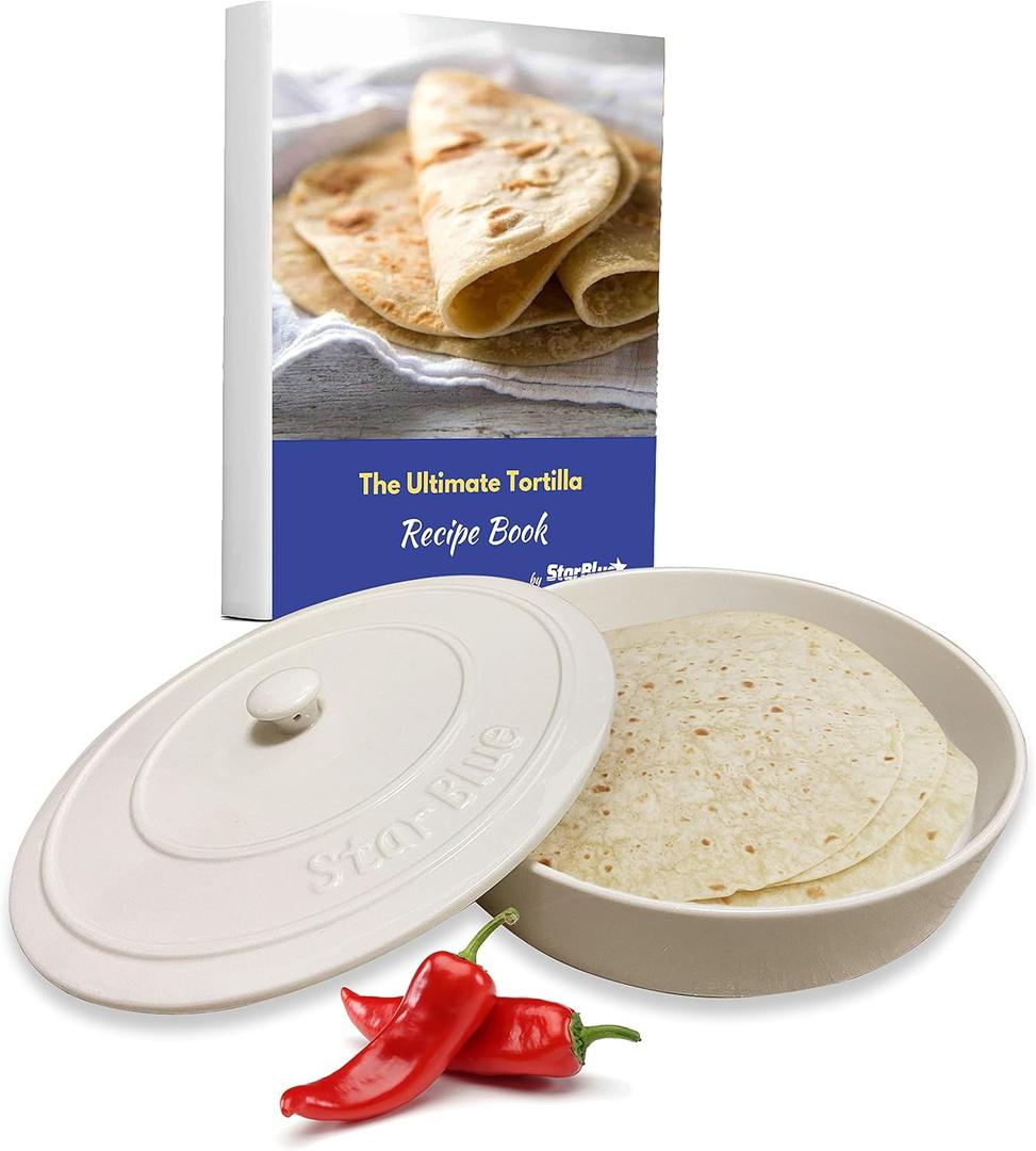 8 Inch Ceramic Tortilla Warmer by StarBlue with FREE Recipes ebook - White, Insulated One Hour and Holds up to 24 Tortillas, Chapati, Roti, Microwavable, Oven Safe