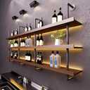 Solid Wood Wine Racks Wall Mounted with LED Lights, Metal Wine Bottles Display Shelf, Industrial Floating Lighted Bar Shelves Liquor Rack for Home & Dining Room (120cm/47.2in)