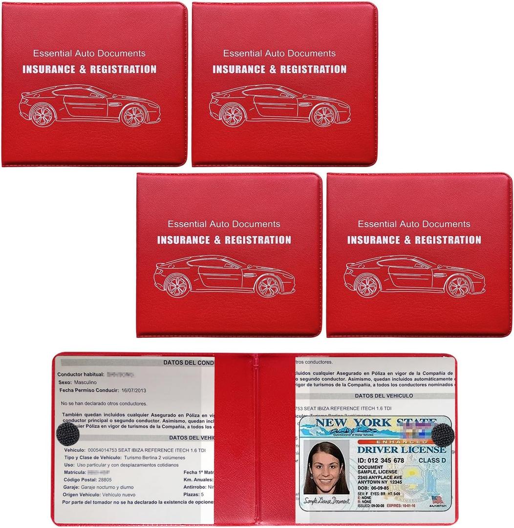 4 PCS Car Registration and Insurance Holder, Vehicle Glove Box Organizers with Closure for License Document, Auto Essential Paperwork Wallet Case Holder, Car Accessories (Red, Car Logo)