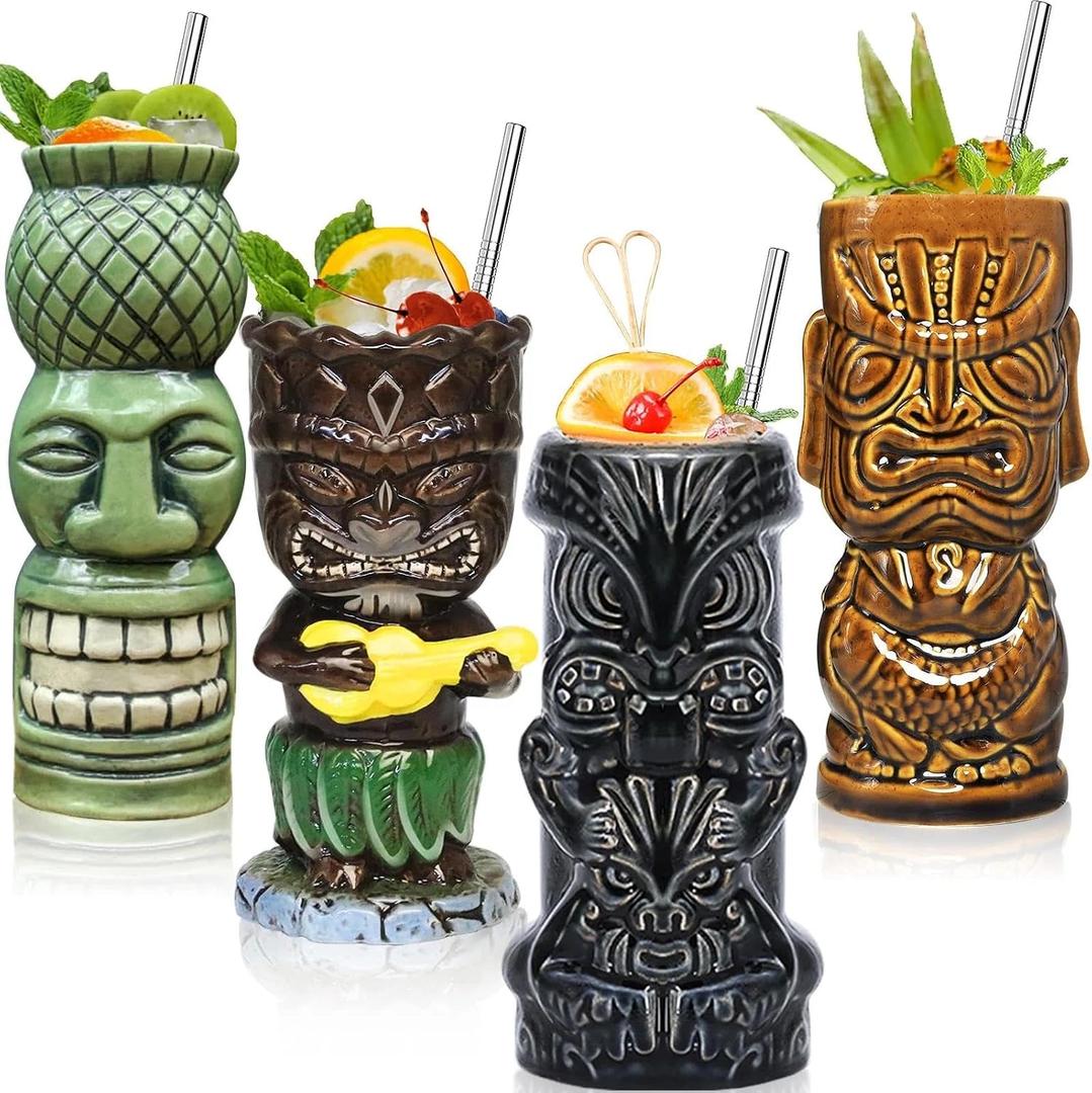 SuproBarware Tiki Glasses for Cocktails Mugs Set of 4 Ceramic Party Cups Bar Decor Creative Large Hawaiian Drinking Bar Decorations Vintage Tropical Drinkware Barware 4 Count