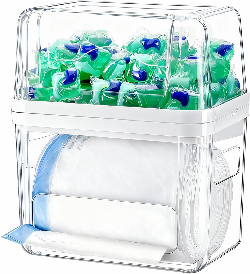 iCASA Trash Bag Dispenser Dishwasher Pod Organizer, 3 in 1 Grocery Garbage Bags Holder Storage Box Clear Laundry Room Pods Dishwasher Tab Cleaner Tablets Container Pantry Kitchen Under Sink Organizers