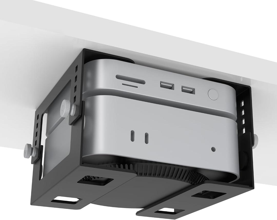Under Desk Mini PC Mount Bracket 5-Level Height Adjustable (1.8" to 3.3"), Width-Adjustable Metal CPU Holder for Mac mini M4/Small PCs ,Includes Screws & Positioning Template for Easy Installation