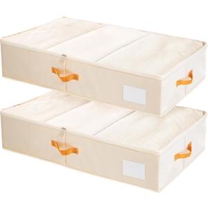 Criusia Under Bed Storage Bins with Clear PVC Lids  2 Pack Large Underbed Organizers with Heavy-Duty Handles, Reinforced with 800G PP Panels & 80G Non-Woven Fabric  Waterproof & Foldable, Beige