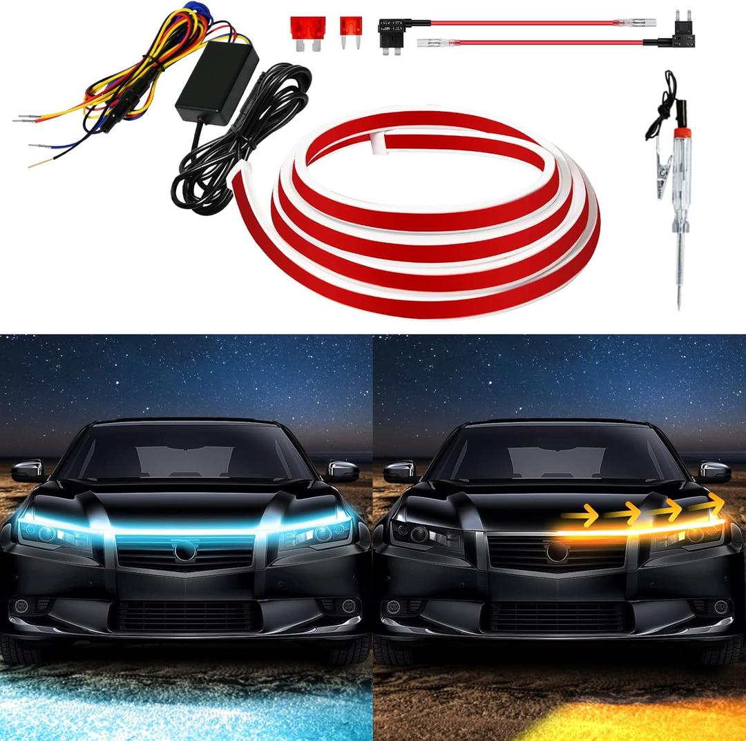 Exterior Car LED Hood Light Strip, Dual Color Dynamic Scan Start Up Hoodbeam Kit, Led Daytime Running Lights Ice Blue&Amber Switchback Sequential Turn Signal Lights for Cars, Trucks, SUV(59inch/ 1set)