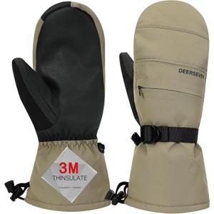 Winter Ski Mittens Men & Women Snow Warm Insulated Waterproof Windproof for Cold Weather and Snowboarding with Zipper Pocket (Large, Khaki)