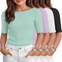 4 Pack Girl's Half Sleeve T Shirts Kids Ribbed Lettuce Trim Tops Boat Neck Fitted Summer Casual Tees, 5-16 Years (Black)