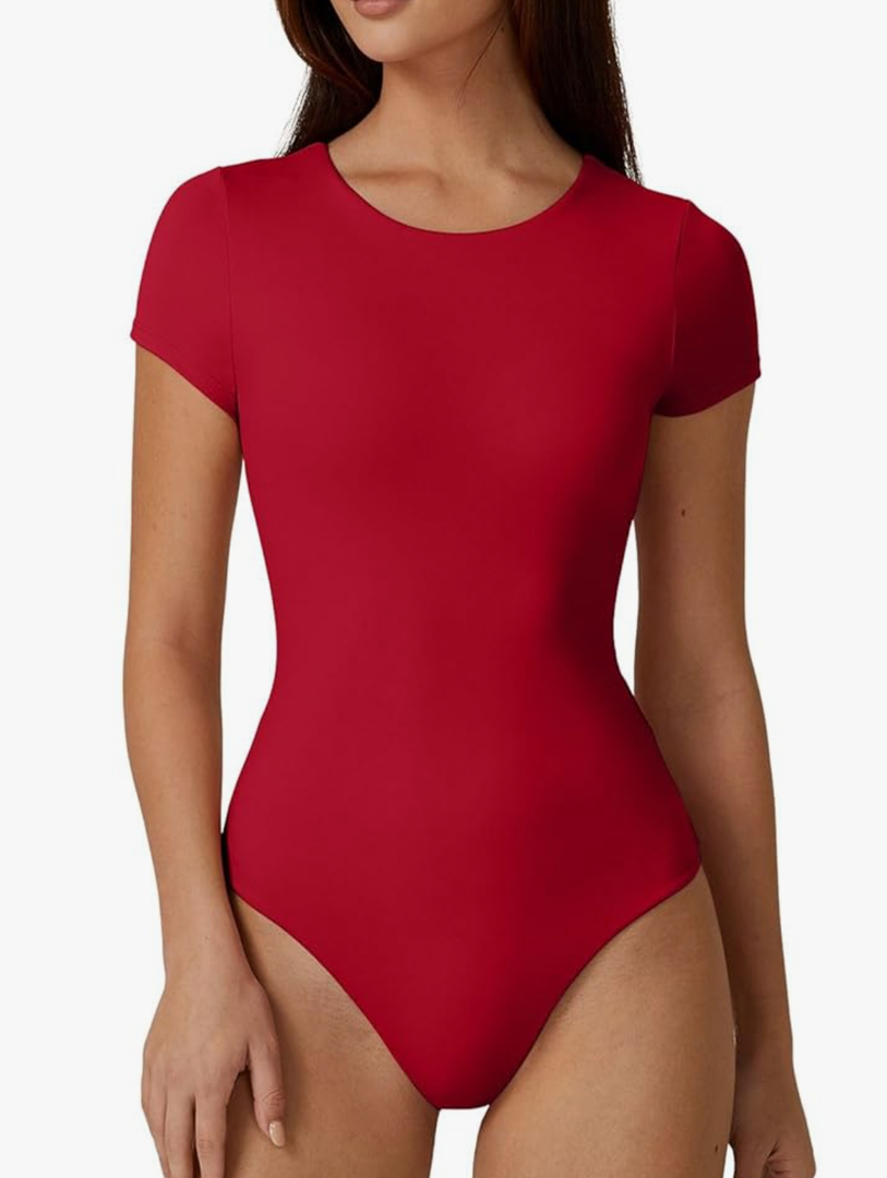 QINSEN Women's Crew Neck Short Sleeve Bodysuit Double Lined Body Suits Basic T-shirt Tops Large