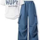 Voxikidio Girls Outfits Letter Print Short Sleeve Tops Cargo Pants Spring Fall Girls Sweatsuit Clothes (Blue Size 13-14)