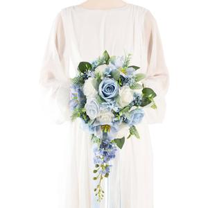 12 Inch Cascade Wedding Bouquets for Bride, Dusty Blue & White Cascading Bridal Bouquet for Wedding Silk Artificial Flowers