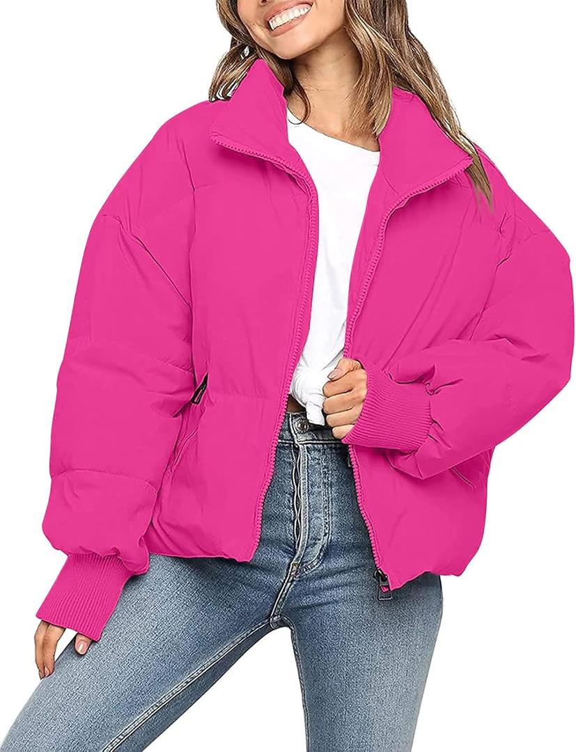 MEROKEETY Women's 2025 Winter Long Sleeve Zip Puffer Jacket Pockets Baggy Short Coats, HotPink, Small