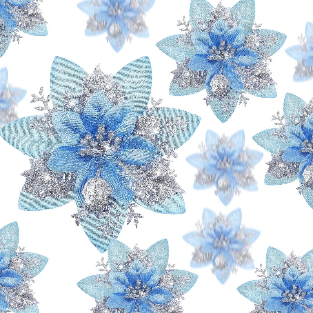 24 Christmas Glitter Artificial Poinsettia Flowers Xmas Poinsettia Artificial Wedding Flowers Decorations Xmas Tree Ornaments with Clips for Party Favors, 6 Inch, 4 Inch, 3 Inch (Silver and Blue)