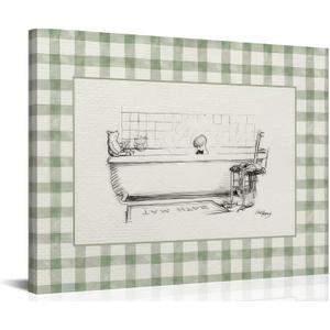 Minimalist Green Stripes Bathroom Framed Canvas Wall Art Bathtub Painting Picture Wall Decor Funny Bathroom Poster Print Artwork for Bedroom Living Room Restroom 16x24 Inch