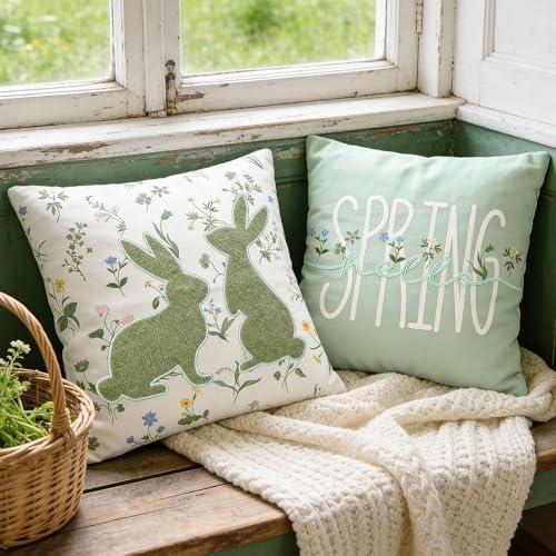 DN DECONATION Easter Pillow Covers 18x18 Inch, Spring Bunny Throw Pillow Covers Set of 2, Farmhouse Decorative Pillows Case for Couch, Sofa, Living Room, Easter Cute Home Green Decor
