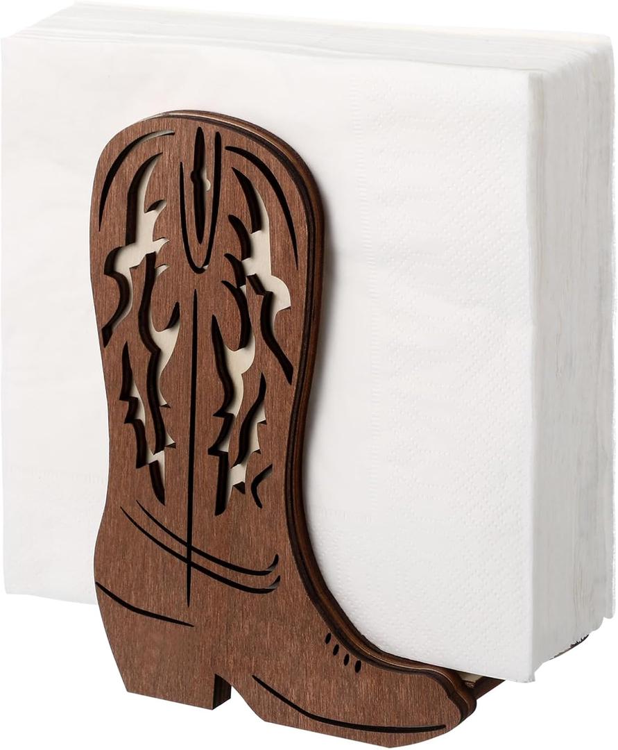 1 Pcs Western Cowboy Boot Napkin Holder for Table Kitchen Farmhouse Napkin Dispenser Rustic Paper Holder Standing Brown for Western Party Decoration (Wood)