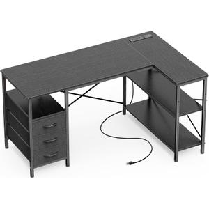 Huuger L Shaped Office Desk with Power Outlets, 47 Inch Computer Desk with 3 Drawers, Shelves, for Gaming, Corner Work, Home Office, Study, Black