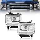 LED DRL Headlight Assembly Compatible with 2014-2018 GMC Sierra 1500, 2015-2019 GMC Sierra 2500HD 3500HD w/Bulbs & Wiring Harness, Replacement Pair Headlamp, Chrome Housing Clear Reflector