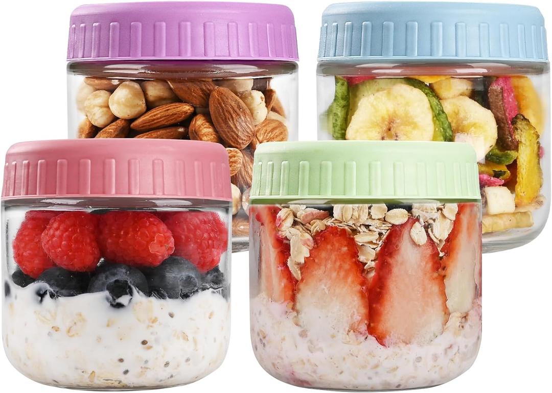 SHOWIN Overnight Oats Containers with Lids, 10oz Glass Jars with Lids 4 pcs, Candy, Wide Mouth Mason jars for Salad, Yogurt, Snacks, Meal Prep