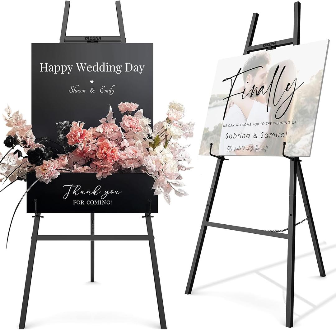 47" Black Easel Stand for Wedding Signs, 4-Tier Height Metal Standing Easel with Adjustable Chain, Heavy Duty Art Easel for Painting, Wedding Sign, Party, Posters & Commercial Display