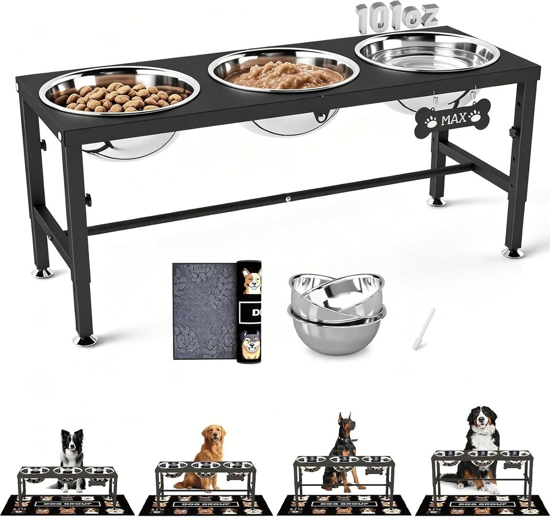 SHAINFUN Elevated Dog Bowl Stand for Large Dogs& Extra Large Dogs with 3 Bowls 101oz– 4 Adjustable Height Raised Pet Feeder with Anti-Spill Mat, Stainless Steel Food & Water Station
