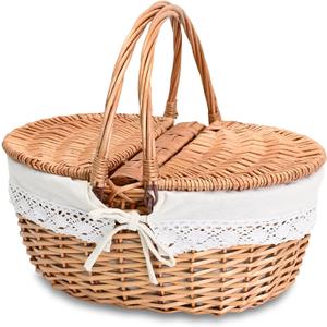 Wicker Picnic Basket with Removable Liner Empty Picnic Baskets with Lid, Picnic Hamper with Foldable Handles for Picnic 2, Natural Color, Large