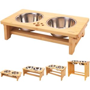 HTB Elevated Dog Bowls,Raised Dog Bowl Stand with 2 Stainless Steel Bowls, Elevated Raised Dog Bowls for Large Medium Small Sized Dogs (Bamboo)
