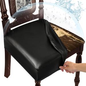 Waterproof Dining Chair Seat Covers Leather Kitchen Seat Covers, Stain Resistant Stretch Chair Seat Covers for Dining Room Chairs Set of 6, Rear Covered Washable Dining Chair Covers Black