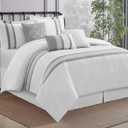 LANCO MODERN LIFESTYLE 7 Piece Comforter Set, Grey White, California King, Boho Style Geometric Microfiber Embroidery, Bed in a Bag with Bedskirt, Pillow Shams and Decor Pillows