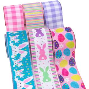 Ribbli Easter Ribbon Wired-Easter Bunny/Eggs/Colorful Stripe/Pink and Purple Check Burlap Ribbon 2-1/2 Inch Total 90 Feets(30 Yards) 6 Rolls Spring Ribbon for Crafts Wreaths Wrapping Outdoor Decor