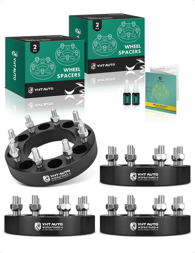 YHTAUTO 8x170 mm Wheel Spacers 1.5 Inch Fits Ford F-250 Super Duty 1999-2002, Excursion 2000-2002 Tire Spacers w/ M14x2 & 12.9 Grade Studs, 125mm Center Bore 8 Lug 4PCS Black