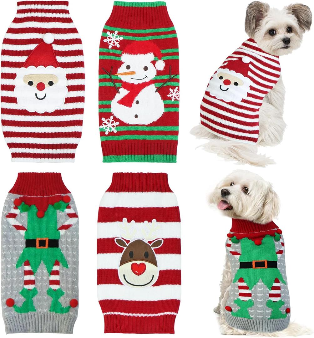 4 Pack Dog Christmas Sweater, GOYOSWA Dog Christmas Outfit Holiday Sweater Santa Snowman Reindeer Elf Knitted Sweaters for Small Medium Large Dogs Pets (Medium)