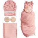 DRESHOW BQUBO Baby Swaddle Blankets for Girls, 4PCS Newborn Accessories Set with Matching Hat and Bow Headband with Card