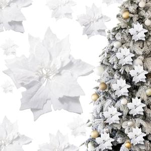 8 Pcs 9.8in Christmas Poinsettia Decorations Artificial Velvet Flowers Christmas Glitter Poinsettia Flower Picks with Stems for Xmas Tree Ornament DIY Wreath Xmas Party Supplies (White)