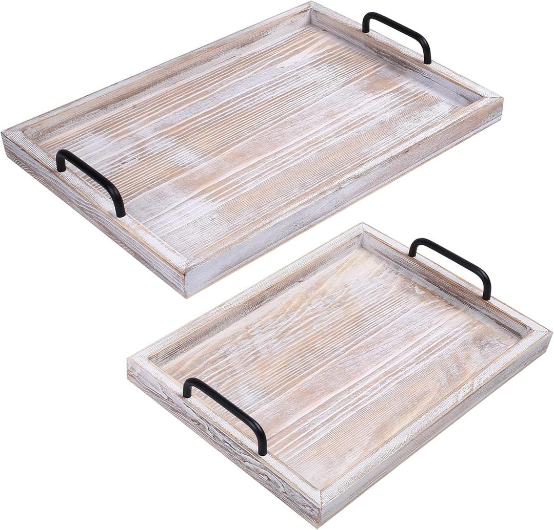 LotFancy Wood Serving Trays with Handles, Set of 2, Rustic Nesting Decorative Trays for Ottoman, Coffee Table, Countertop Centerpiece, Farmhouse Ottoman Tray