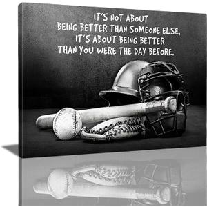 Tourrest Baseball Sports Decor Wall Art Black and White Motivational Pictures Poster Inspirational Canvas Prints Painting Retro Wall Decor Framed Artwork for Bedroom 16"x20"