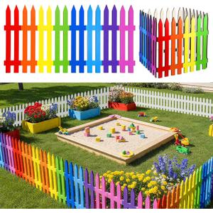 Chunful 16 Pcs Wooden Garden Fence Garden Border Edging Decorative 15.7" H x 63" Landscape Border Edging Ornamental Fence for Home School Lawn Flower Beds(Rainbow)