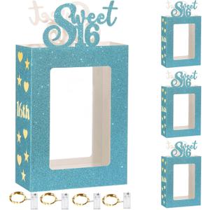 Yerliker 8 Pcs Happy Sweet 16th Birthday Photo Frame Table Centerpieces Decorations with 4 Light String for Girls' 16th Party Supplies(Blue)