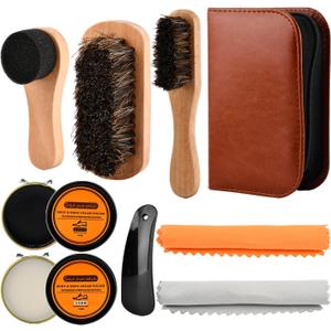 9-in-1 Shoe Shine Kit and Leather Polish Set, Include Black Neutral Shoes Wax 2 Horsehair Brushes, Shoe Polish, Shine Cloths, Boot Care, Cleaning Gifts for Men Women