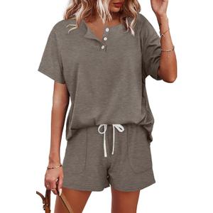 WIHOLL Two Piece Outfits for Women Lounge Sets Button Down Top and Shorts Set Sweatsuits with Pockets, XXL